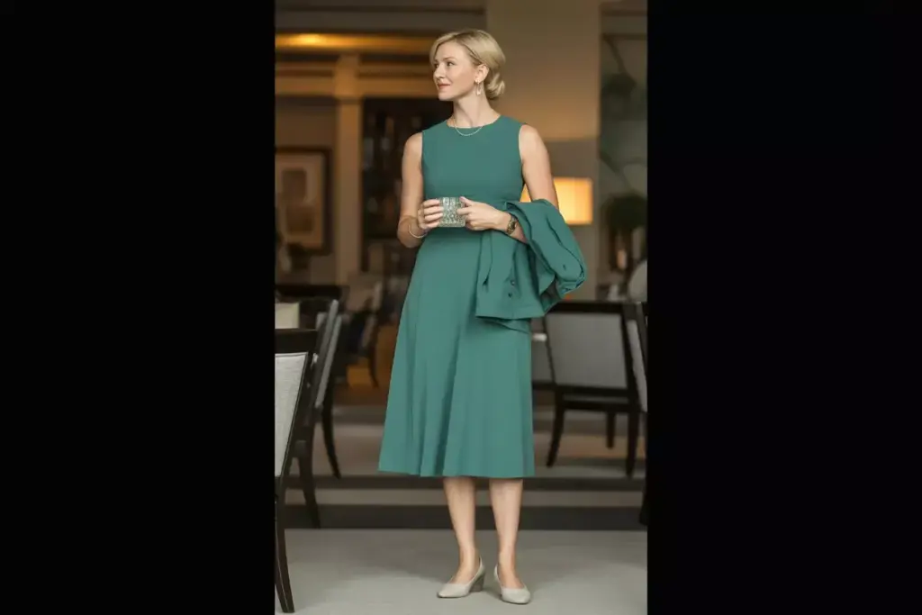 Woman In Midi Dress With Structured Bodice Holding Blazer In Clubhouse Lounge