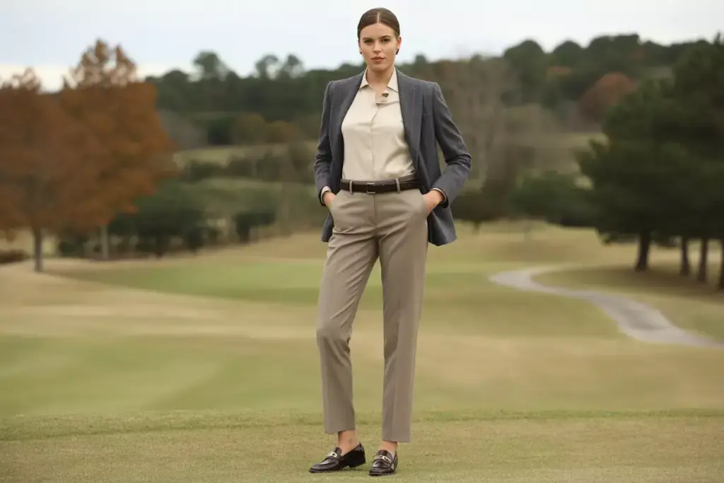 Woman In Tailored Trousers Blazer And Button Down Shirt On Autumn Golf Course