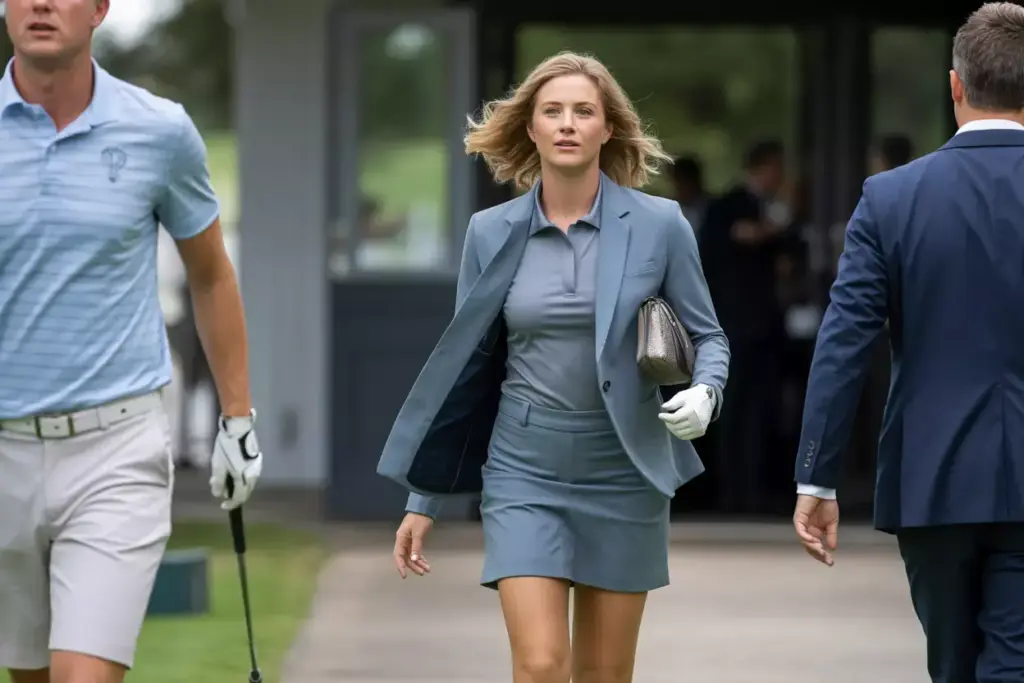 Woman In Structured Blazer Transitioning Between Golf Course And Clubhouse Entrance