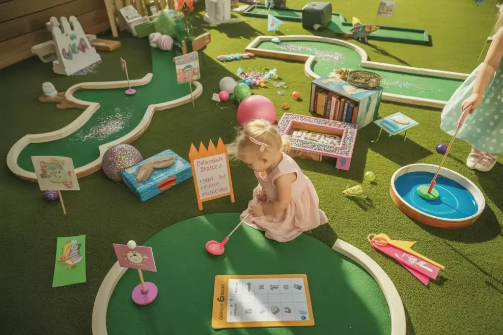 Mini Golf Course Extravaganza In Backyard With Princess Unicorn Themes And Sparkly Obstacles For Girls Party