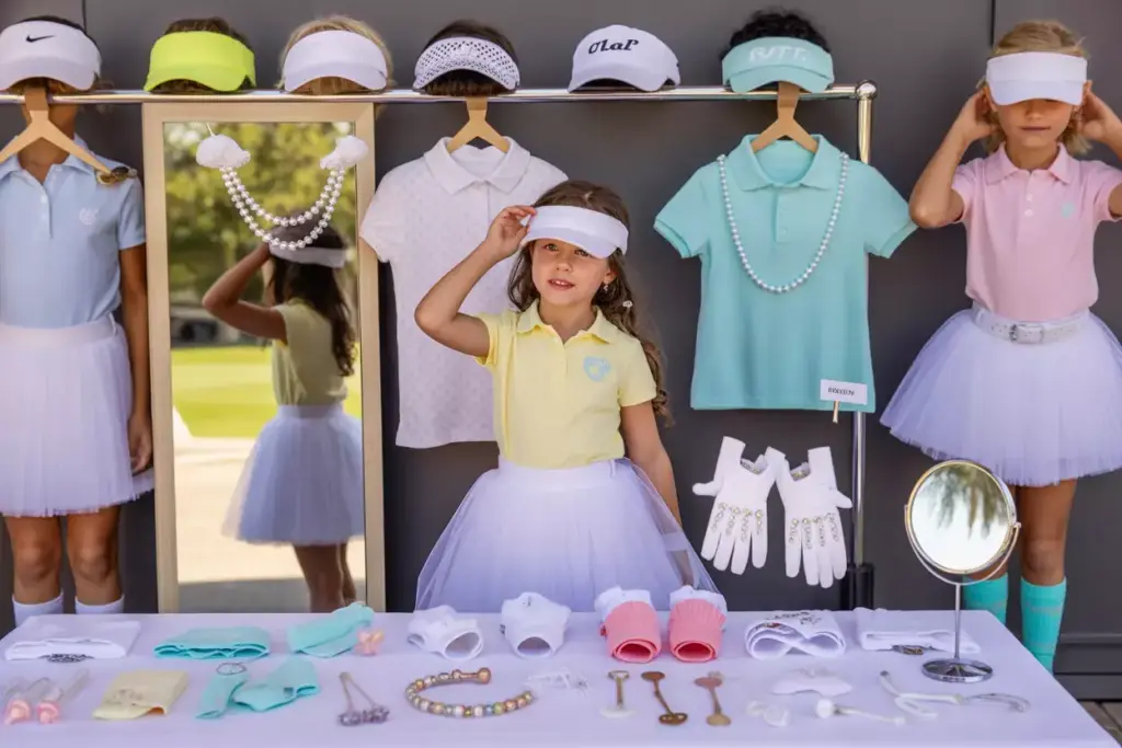 Golf Fashion Show Dress Up Station With Visors Tulle Skirts And Rhinestone Gloves For Girls Party