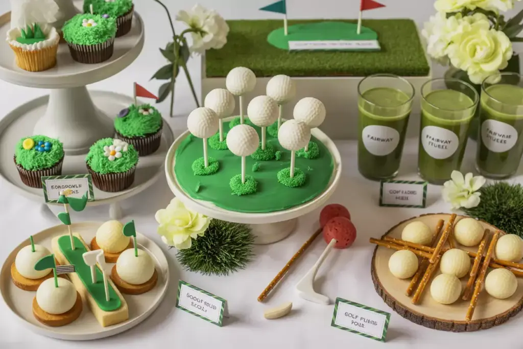 Golf Ball Cake Pops And Themed Treats On Dessert Table With Green Frosting And Candy Flowers