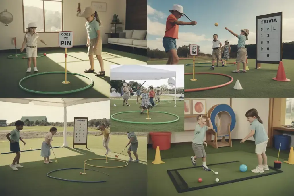 Golf Themed Game Stations With Putting Contests Relay Races And Chipping Practice For Kids