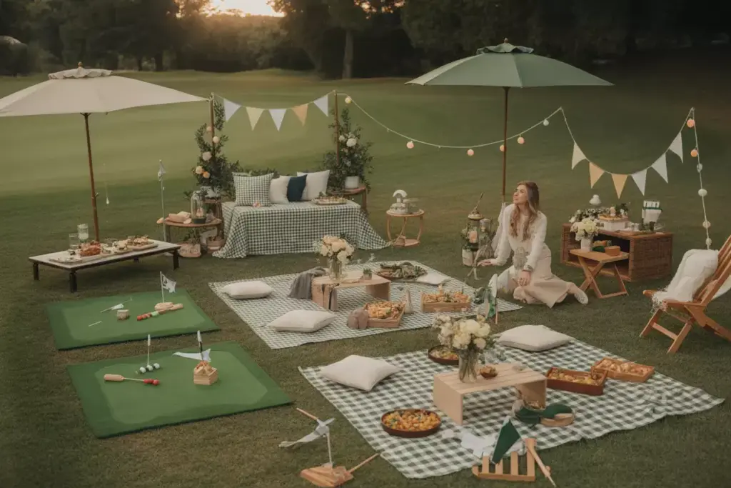 Golf Course Picnic Party Setup With Checkered Blankets Umbrellas And Lawn Games Outdoors