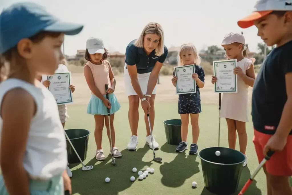 Golf Lesson Mini Clinic With Professional Instructor And Children Using Foam Balls And Kids Clubs