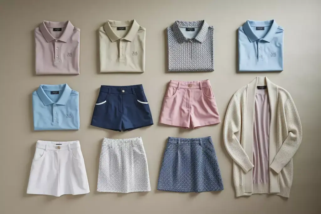 A Flat Lay Of A Versatile Golf Capsule Wardrobe With Mix And Match Pieces