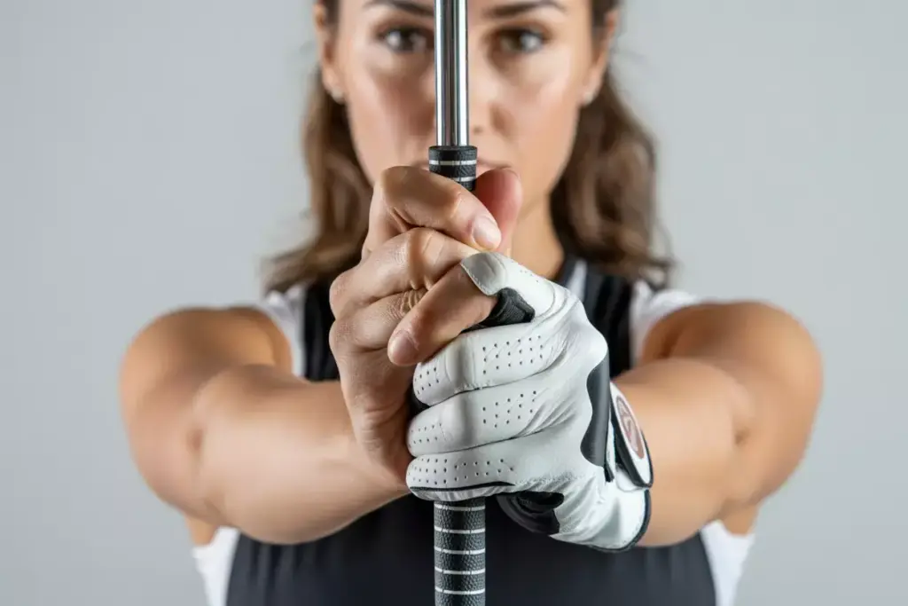 A Close Up Of A Womans Hands Demonstrating The Proper Interlocking Golf Grip On A Club