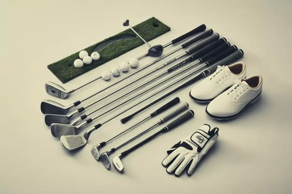 A Flat Lay Of A Complete Set Of Womens Golf Equipment Including Clubs Balls Shoes And Glove