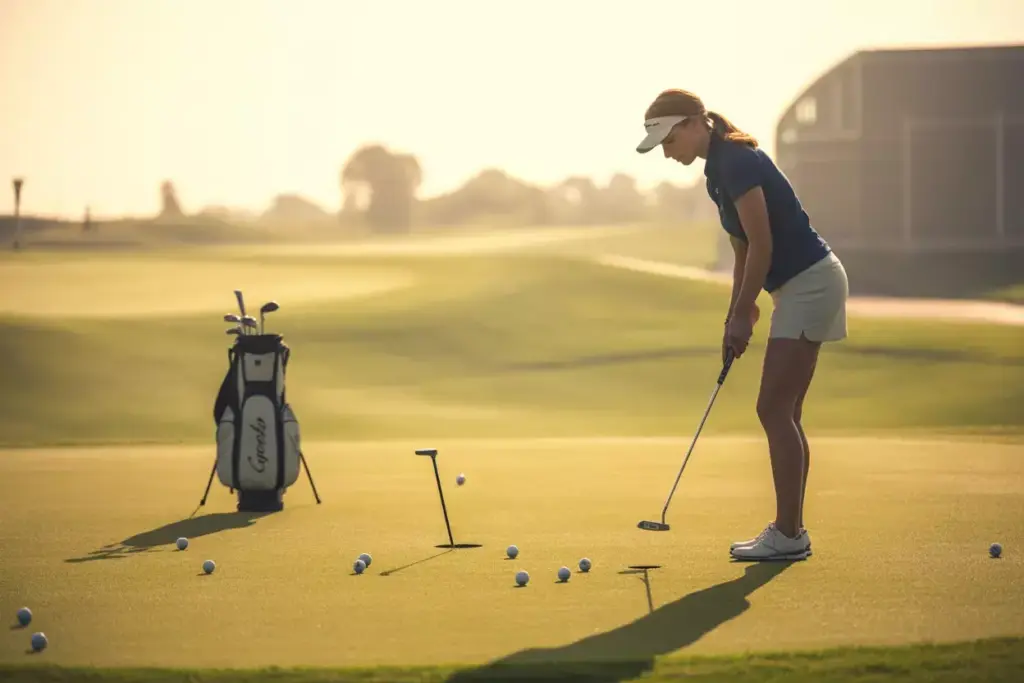 A Woman Practicing Her Putting Alone On A Serene Practice Green During Golden Hour