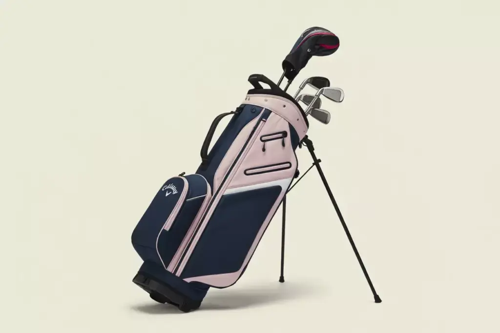 Callaway Womens Uptown Stand Bag In Navy And Pink With Clubs And Magnetic Pocket