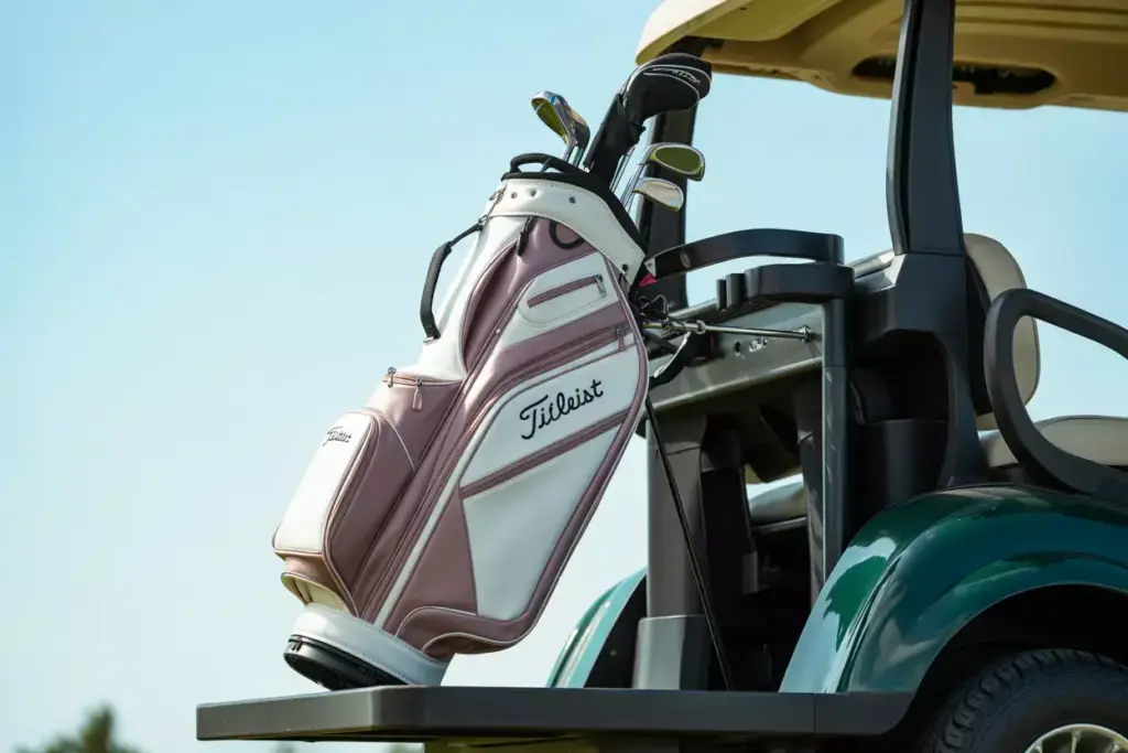 Titleist Players 4 Plus Bag Strapped To A Golf Cart With Leather Trim