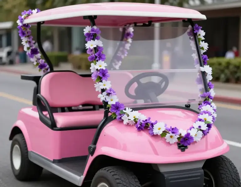 Featured Hot Pink Golf Cart Adorned With A Garland Of Artificial Purple And White Flowers