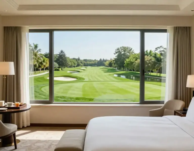 Featured Hotel Room With Panoramic View Of Lush Green Golf Course Fairway